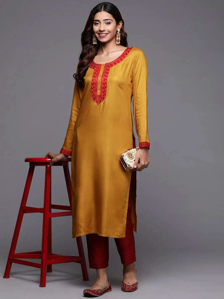 Mustard Embroidered Pashmina Wool Straight Kurta - Libas
