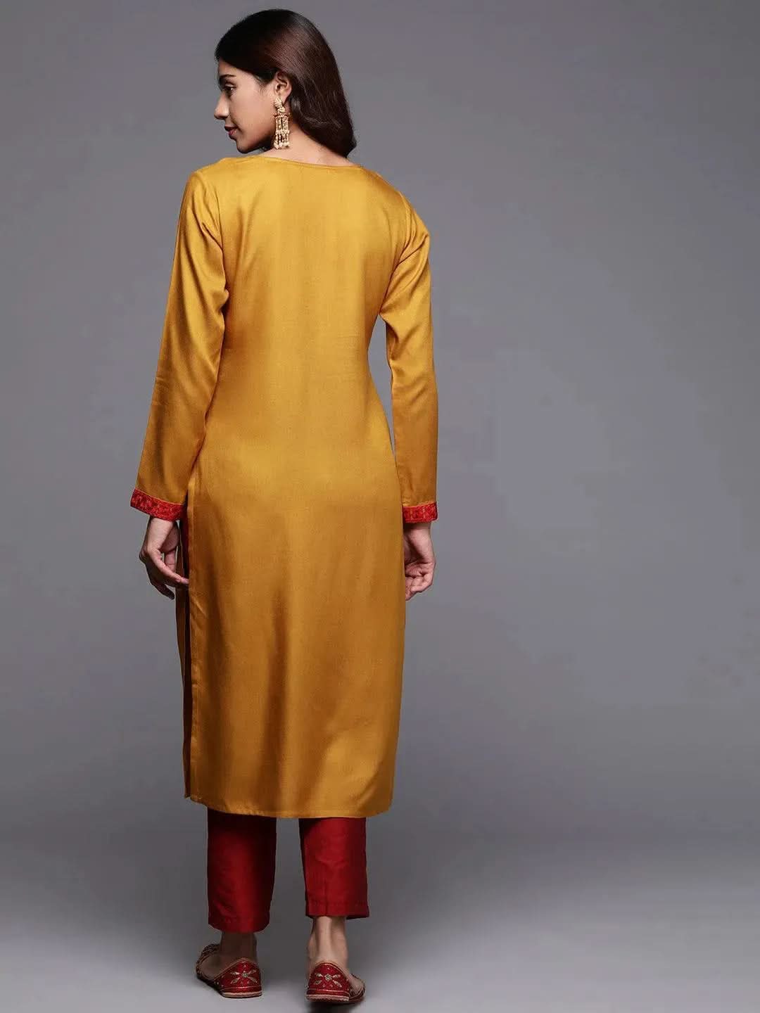 Mustard Embroidered Pashmina Wool Straight Kurta - Libas