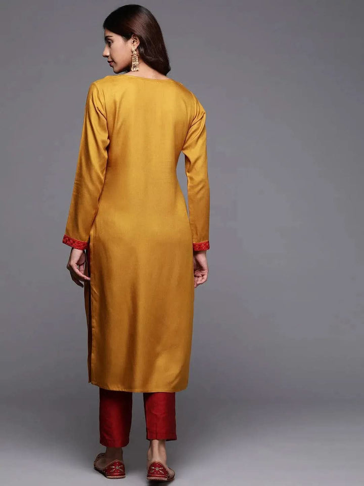 Mustard Embroidered Pashmina Wool Straight Kurta - Libas