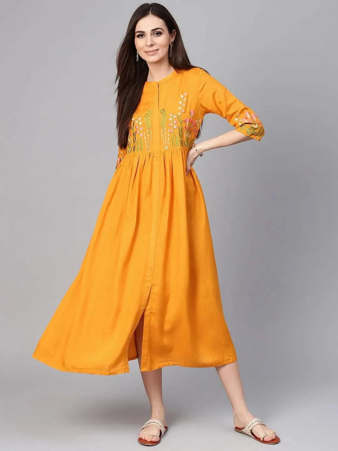 Mustard Embroidered Rayon Dress - Libas