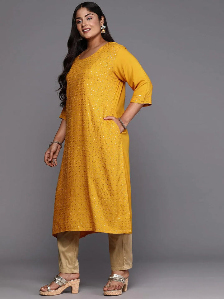 Mustard Embroidered Rayon Straight Kurta - Libas
