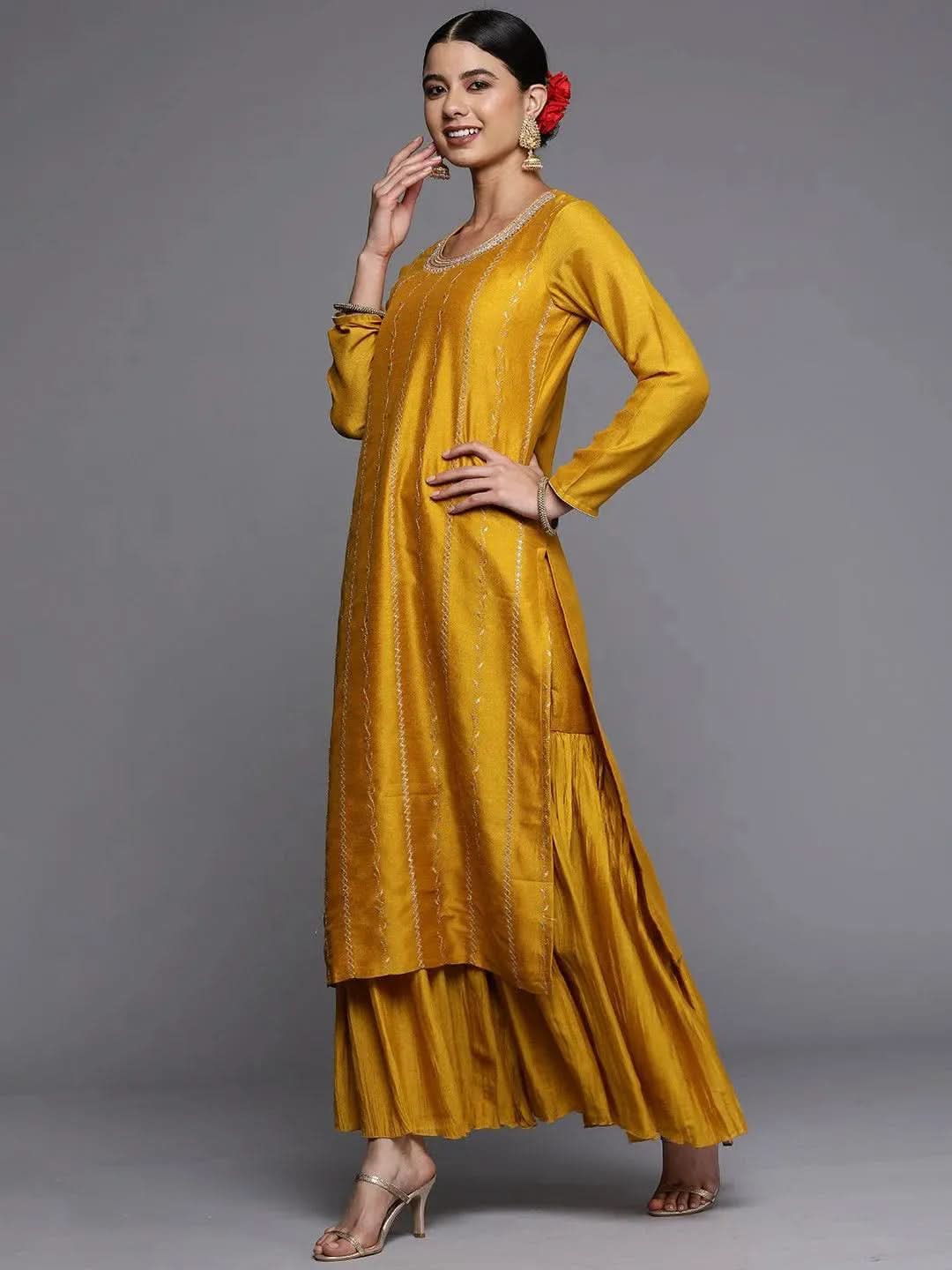 Mustard Embroidered Silk Straight Kurta - Libas