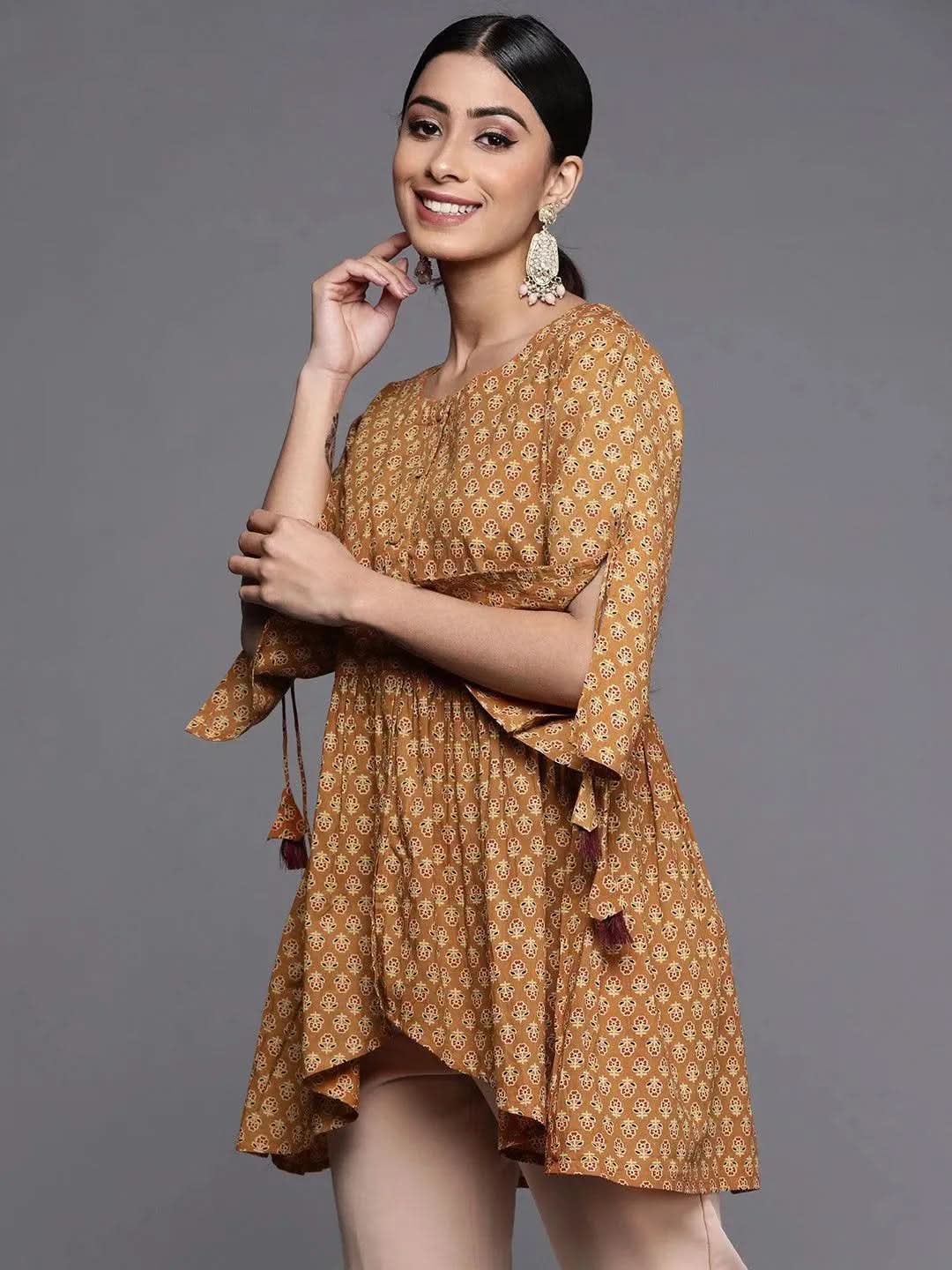 Mustard Printed Cotton A-Line Kurti - Libas