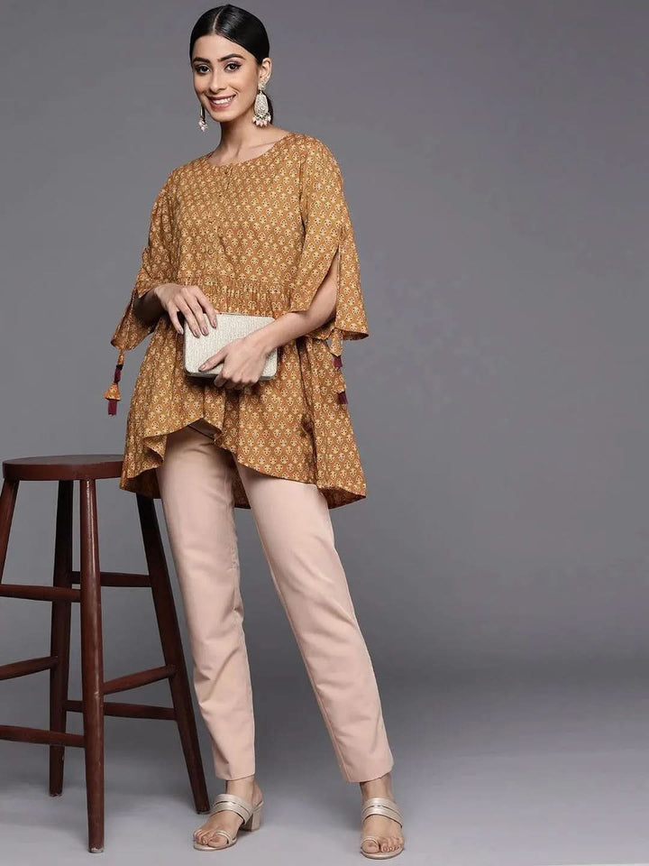 Mustard Printed Cotton A-Line Kurti - Libas