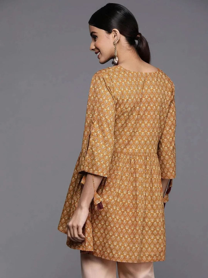 Mustard Printed Cotton A-Line Kurti - Libas