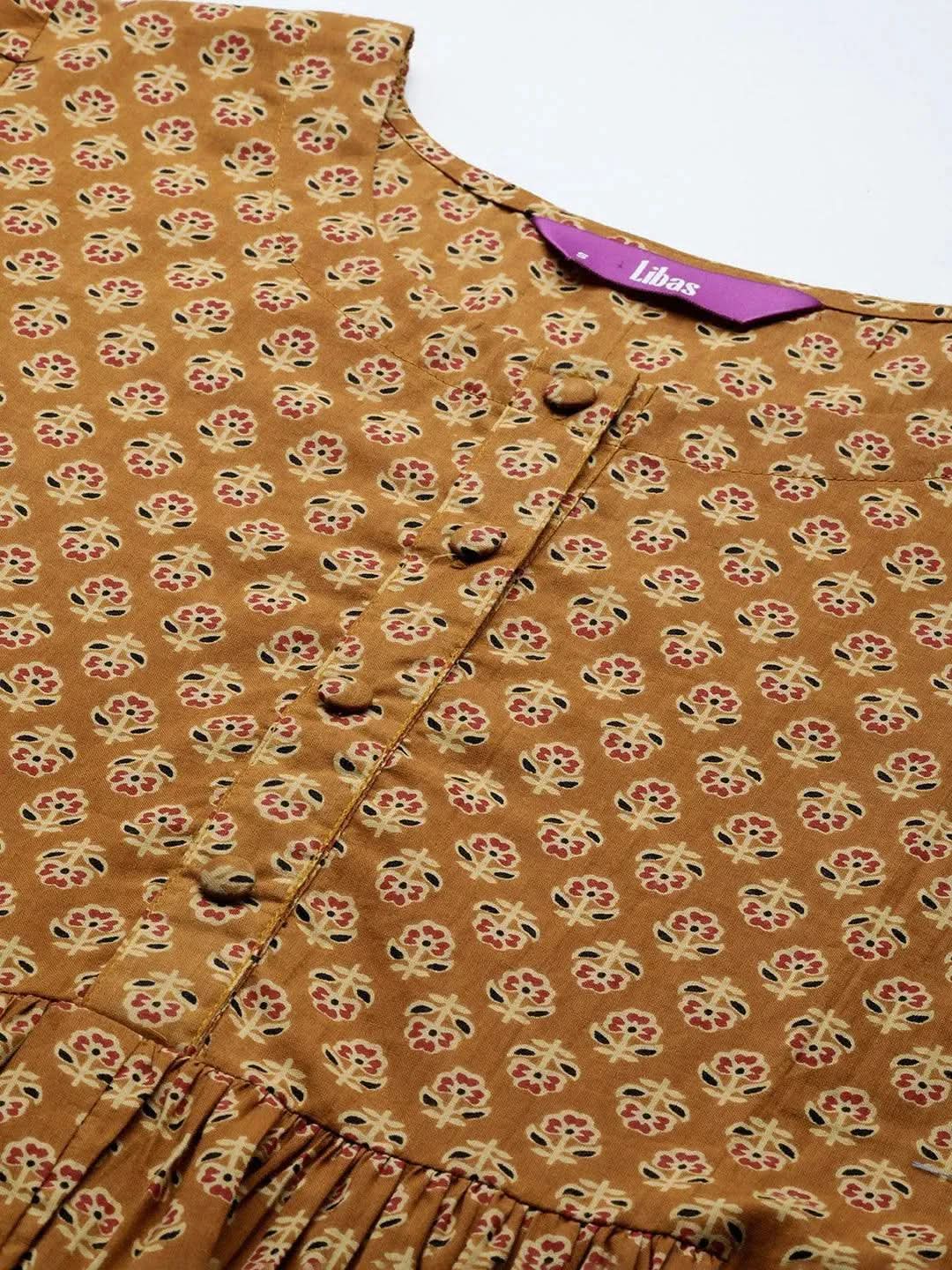Mustard Printed Cotton A-Line Kurti - Libas