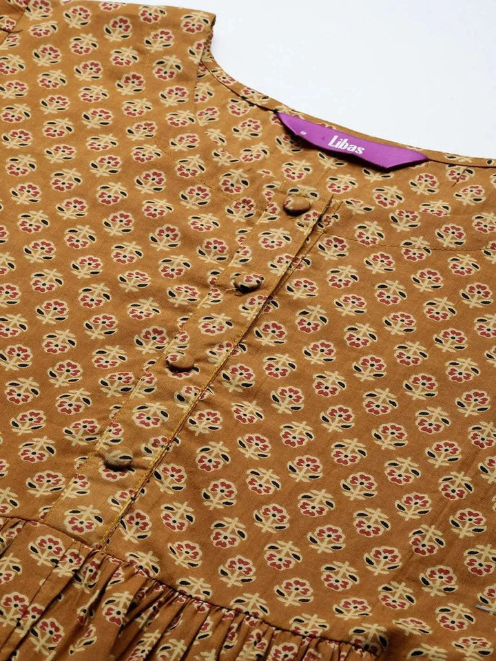 Mustard Printed Cotton A-Line Kurti - Libas