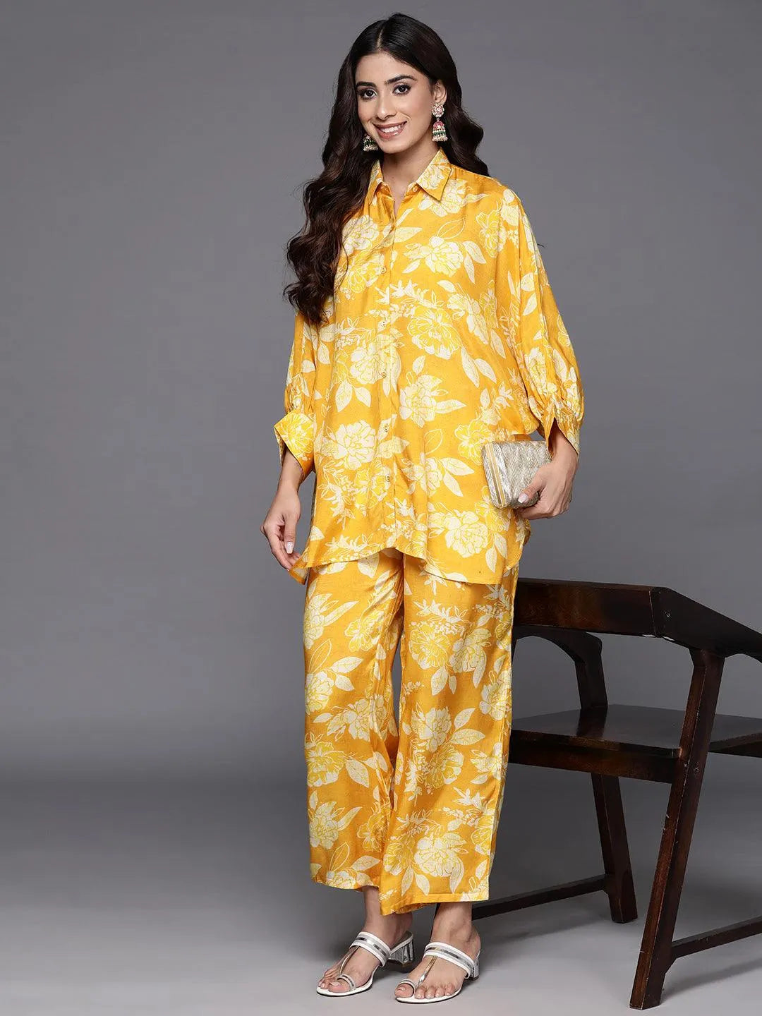 Mustard Printed Cotton Blend Shirt With Palazzos Online at Rs.1749 | Libas
