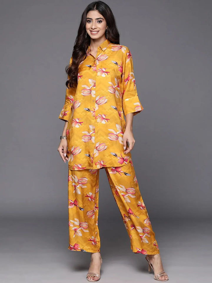 Mustard Printed Cotton Blend Shirt With Palazzos - Libas