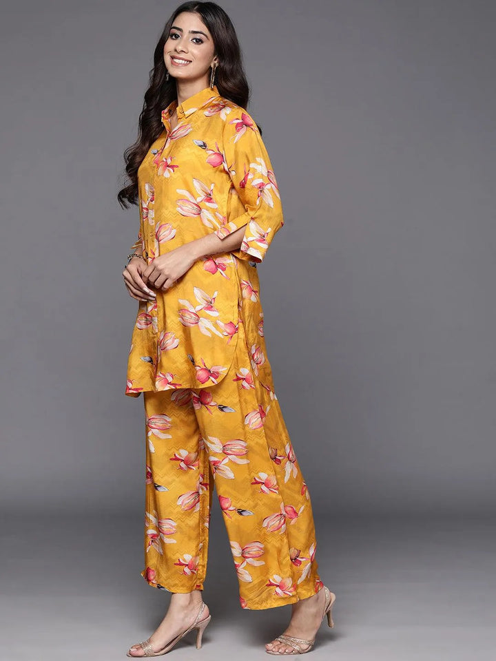 Mustard Printed Cotton Blend Shirt With Palazzos - Libas