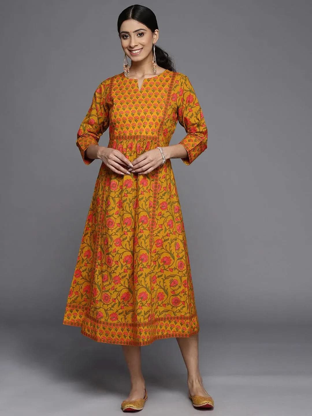 Mustard Printed Cotton Dress - Libas