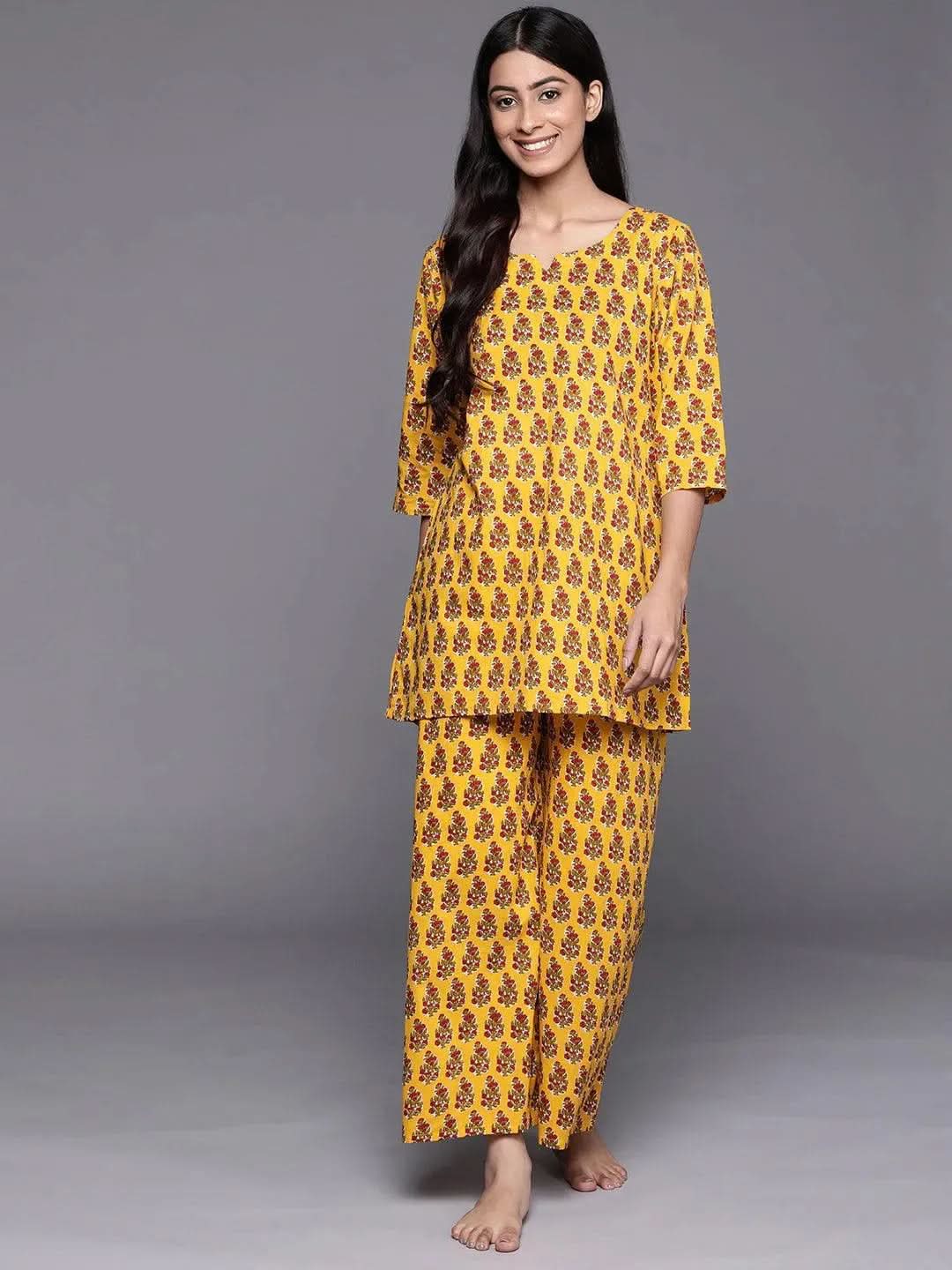 Mustard Printed Cotton Night Suit - Libas
