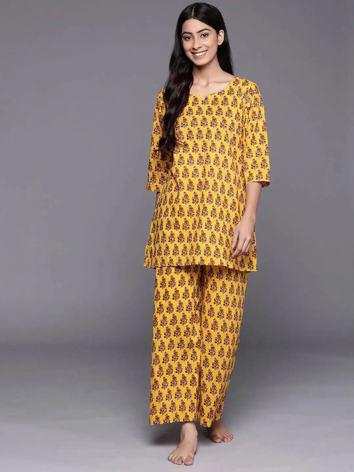 Mustard Printed Cotton Night Suit - Libas