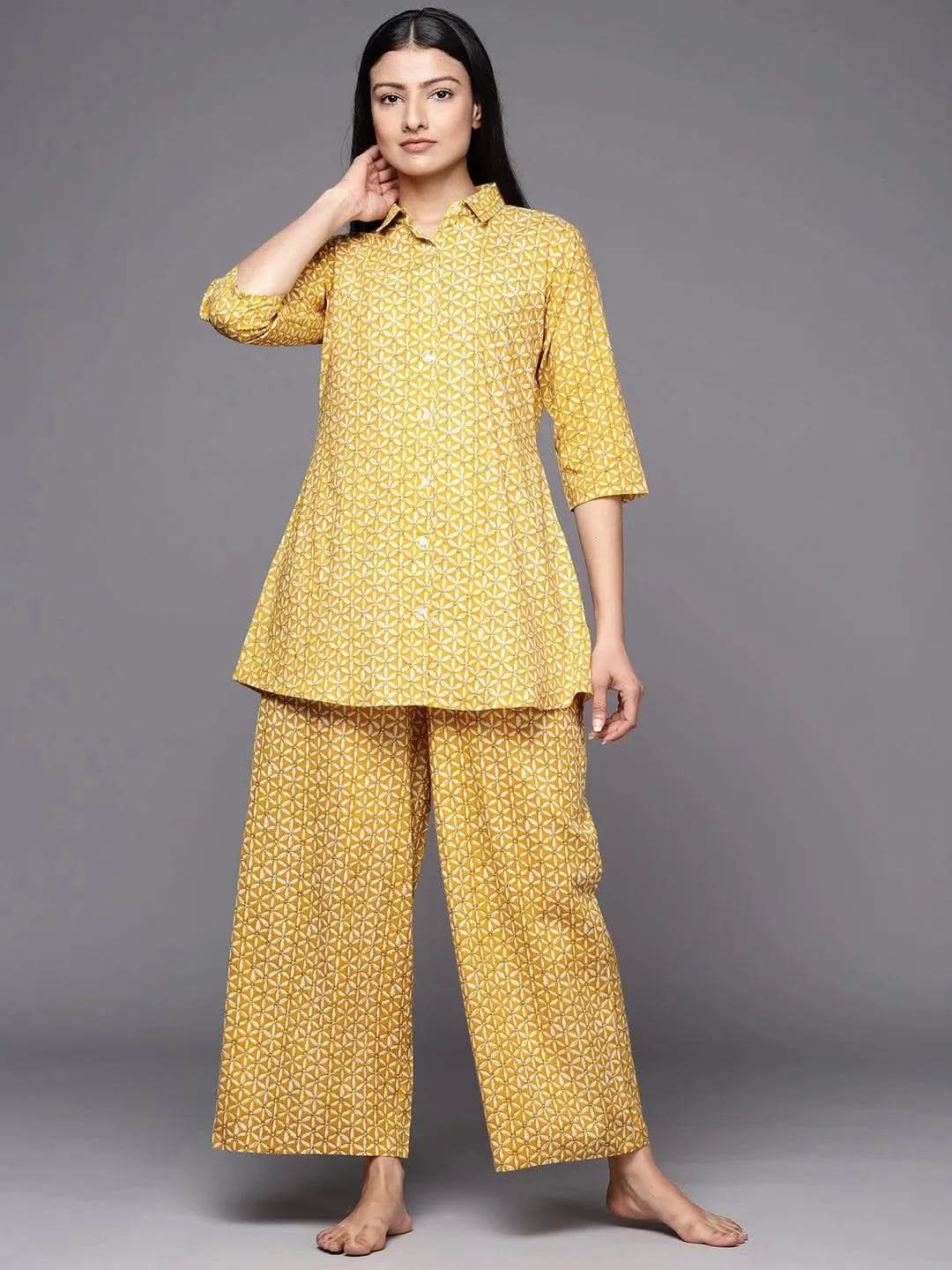 Mustard Printed Cotton Night Suit - Libas