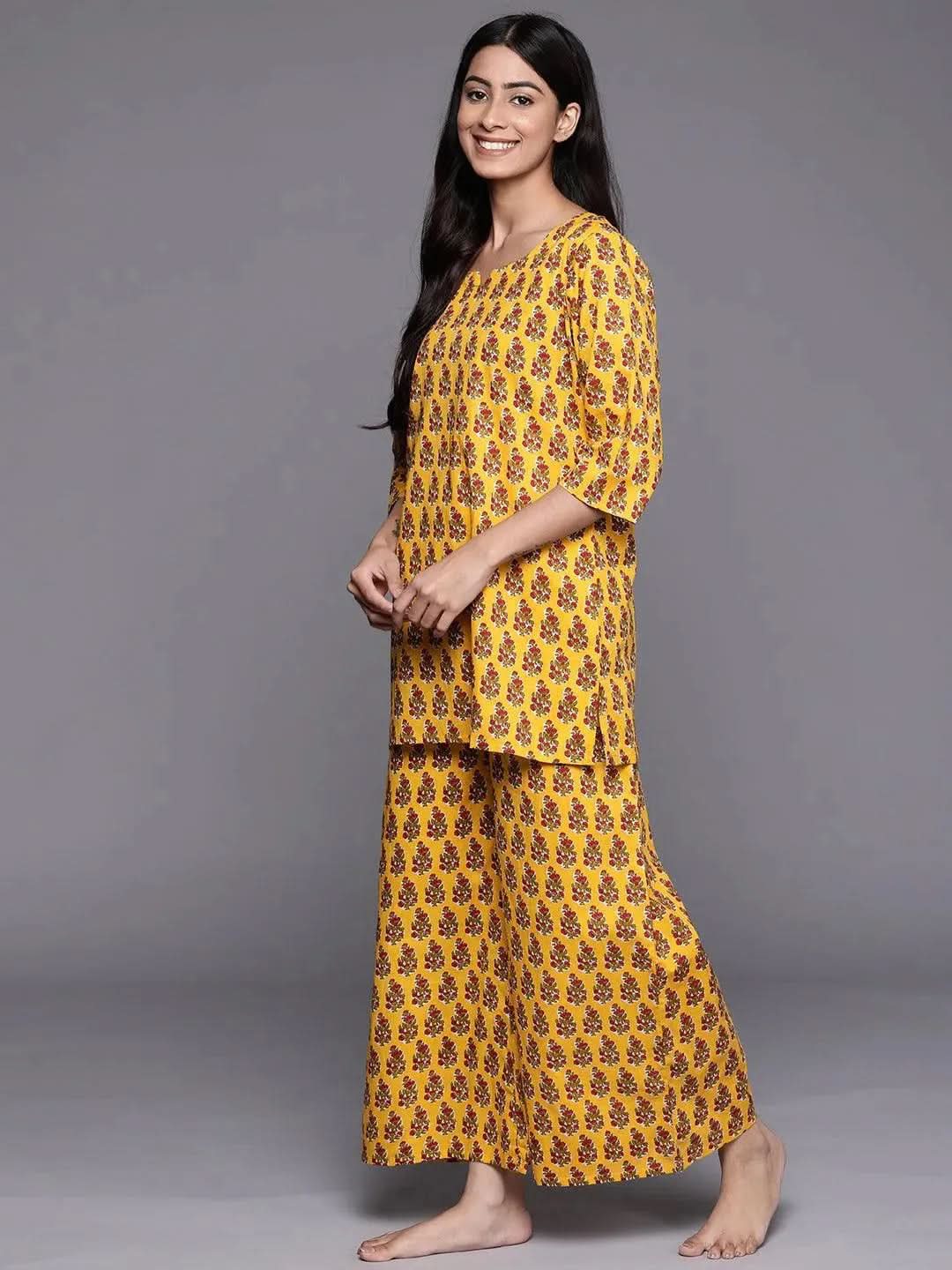 Mustard Printed Cotton Night Suit - Libas