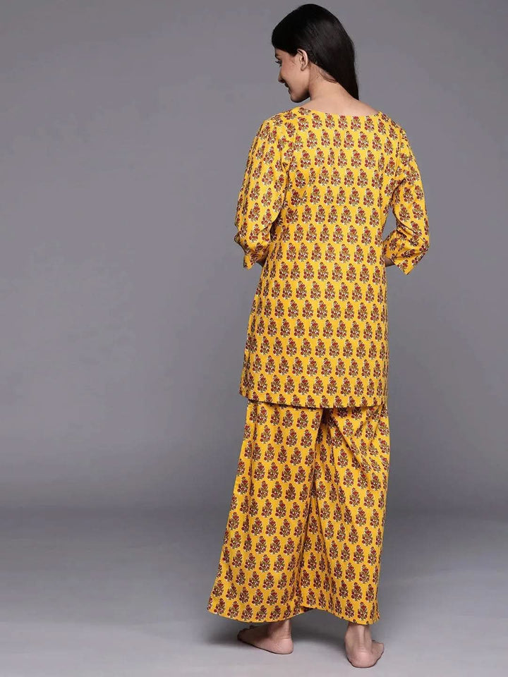 Mustard Printed Cotton Night Suit - Libas