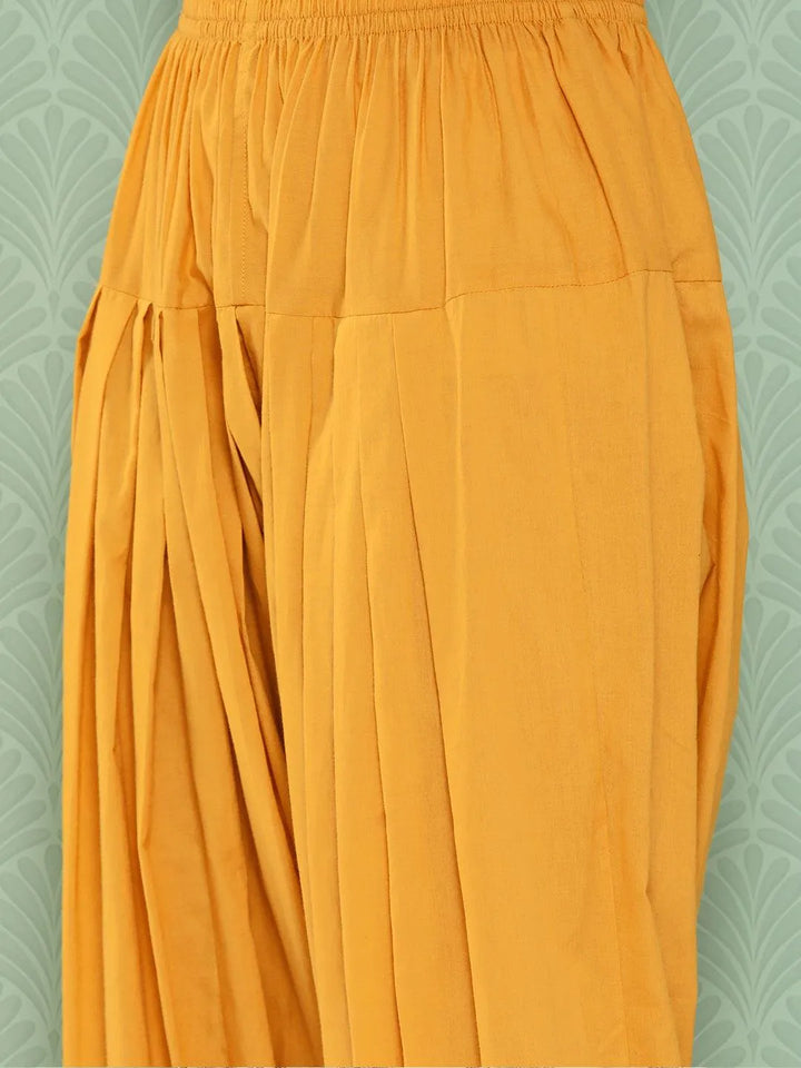 Mustard Printed Cotton Straight Kurta With Salwar & Dupatta - Libas