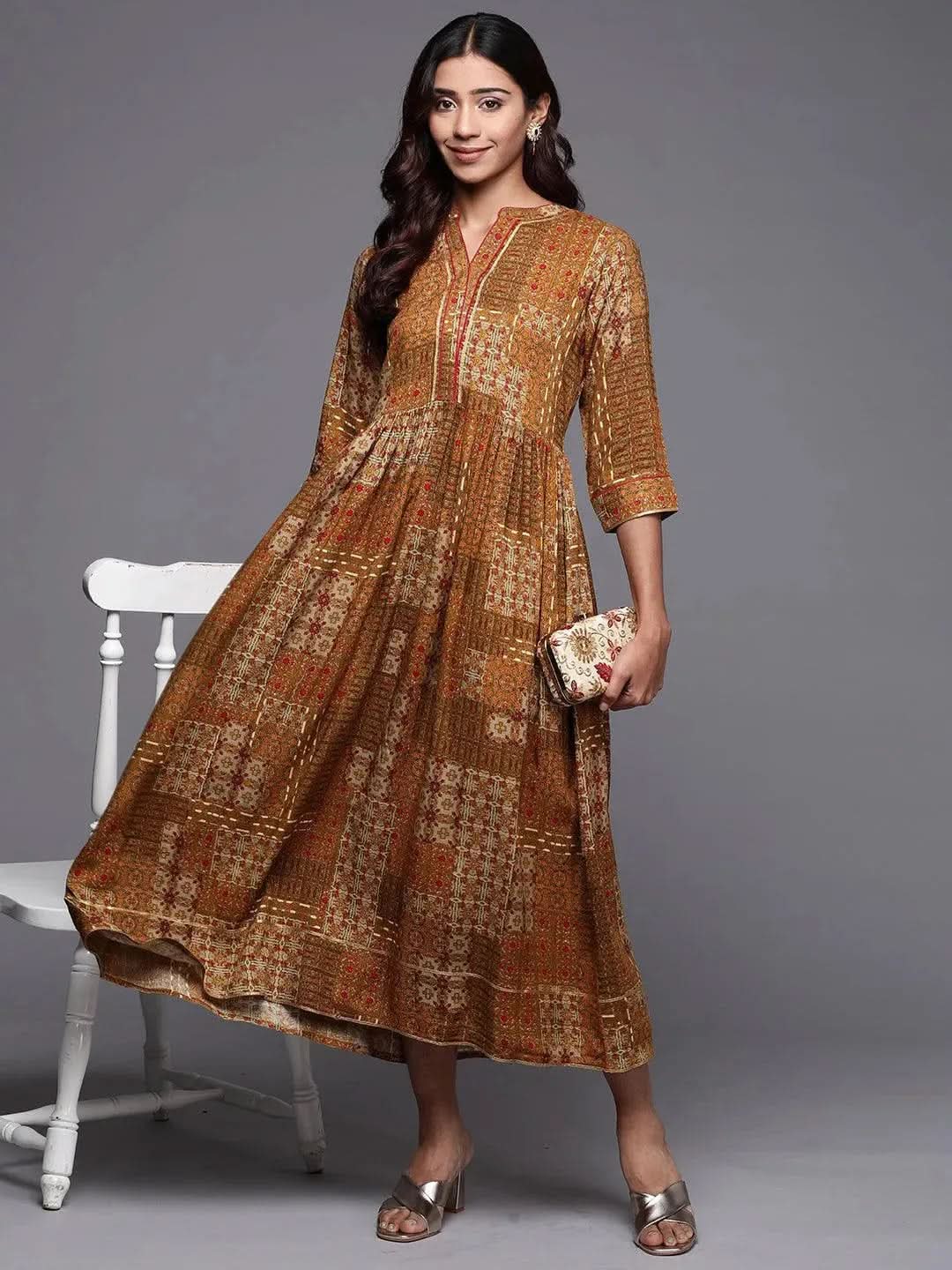 Buy Mustard Printed Rayon Fit and Flare Dress Online at Rs.1045