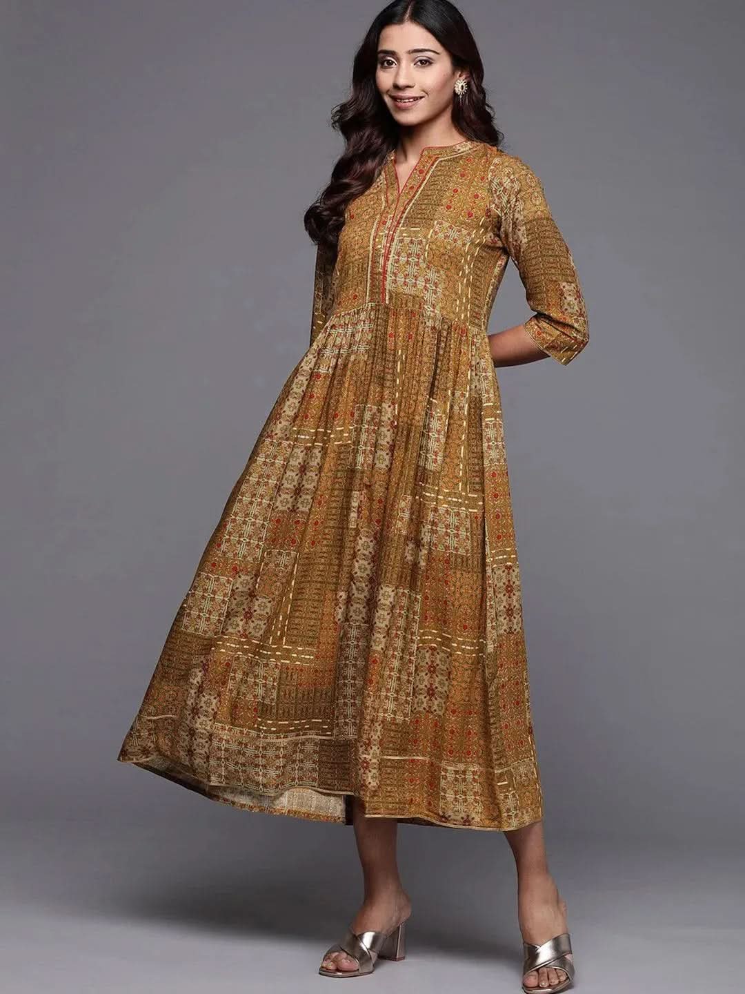 Mustard Printed Rayon Fit and Flare Dress - Libas