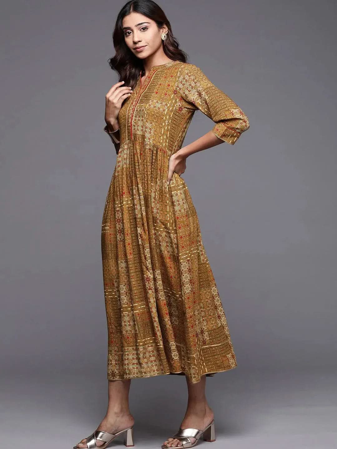 Mustard Printed Rayon Fit and Flare Dress - Libas