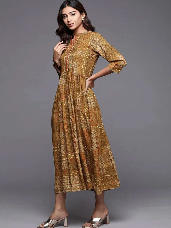 Mustard Printed Rayon Fit and Flare Dress - Libas