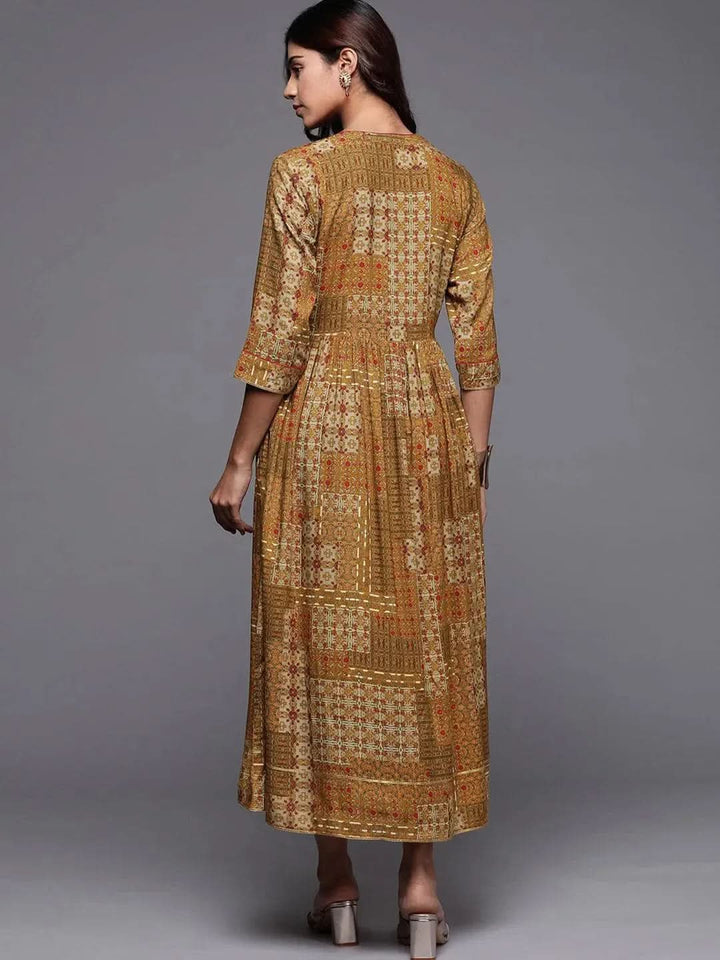 Mustard Printed Rayon Fit and Flare Dress - Libas