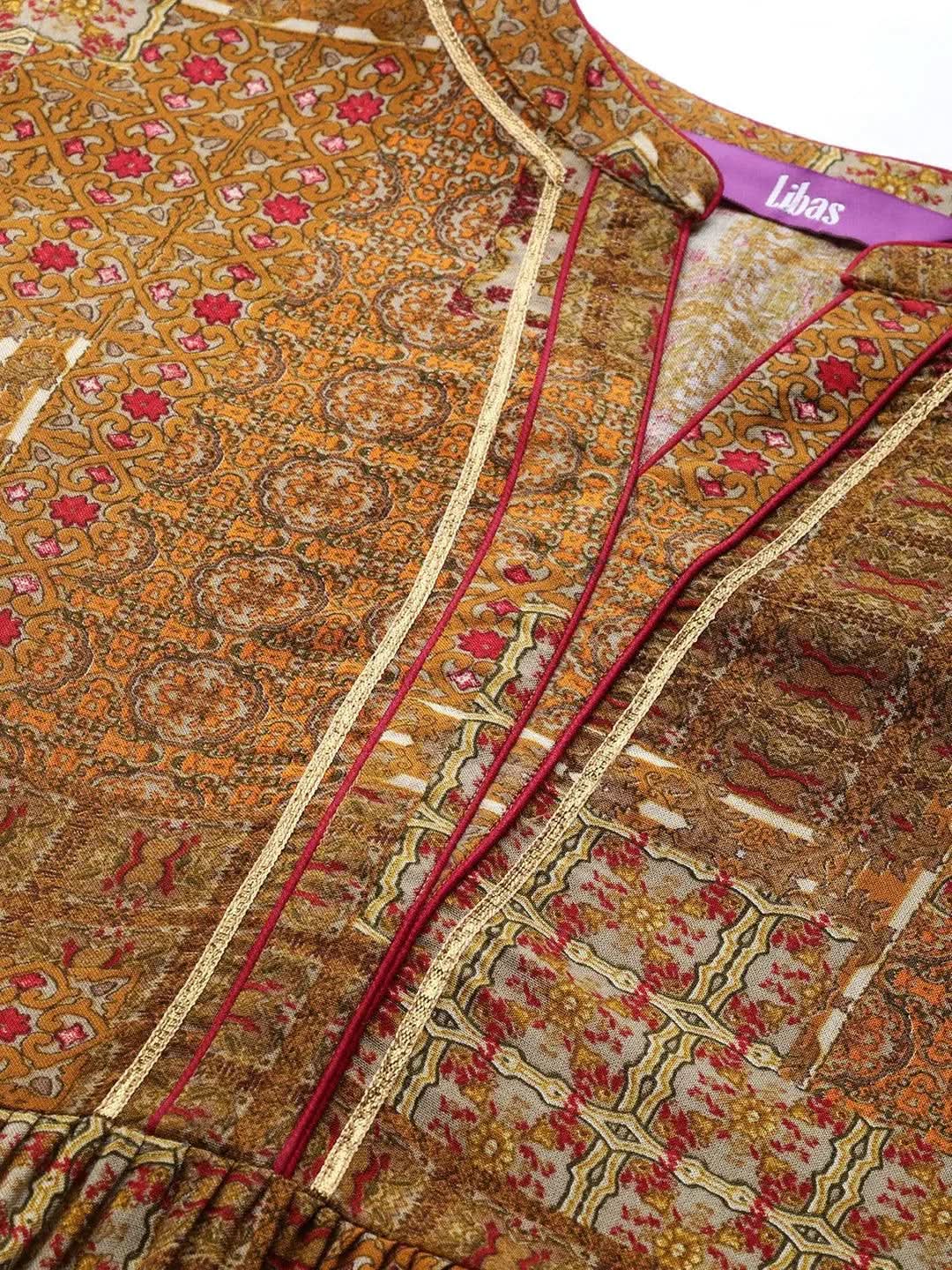 Mustard Printed Rayon Fit and Flare Dress - Libas