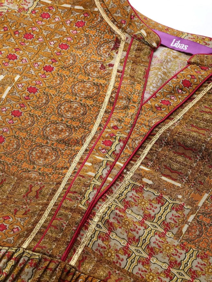 Mustard Printed Rayon Fit and Flare Dress - Libas