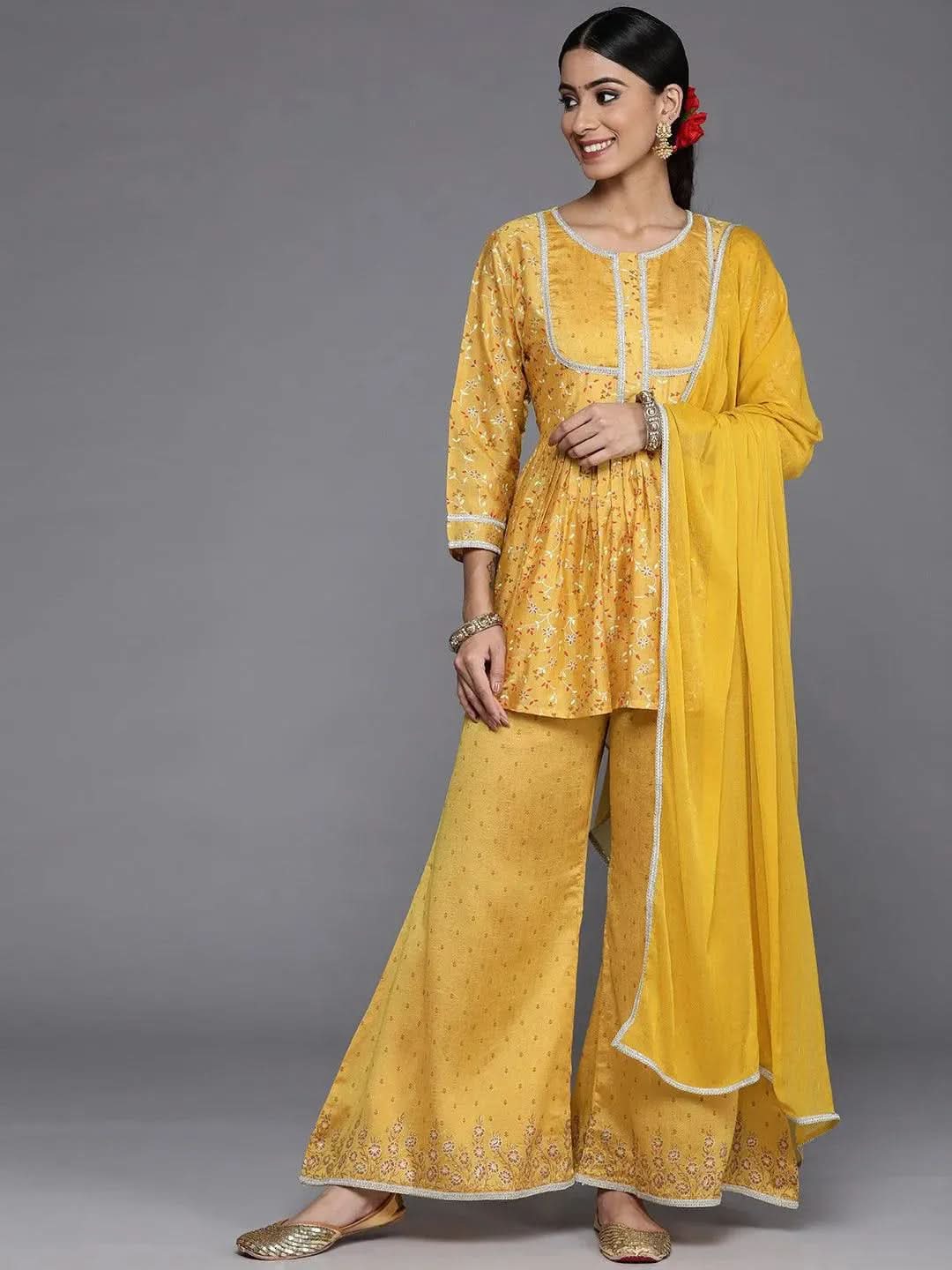 Mustard Printed Silk Blend Suit Set With Palazzos - Libas
