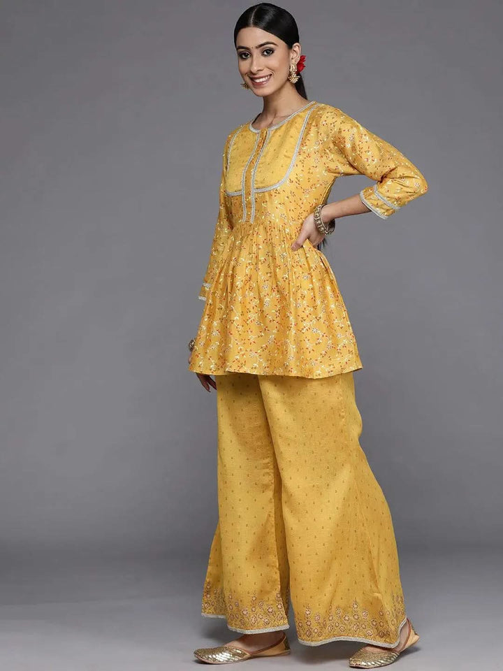 Mustard Printed Silk Blend Suit Set With Palazzos - Libas