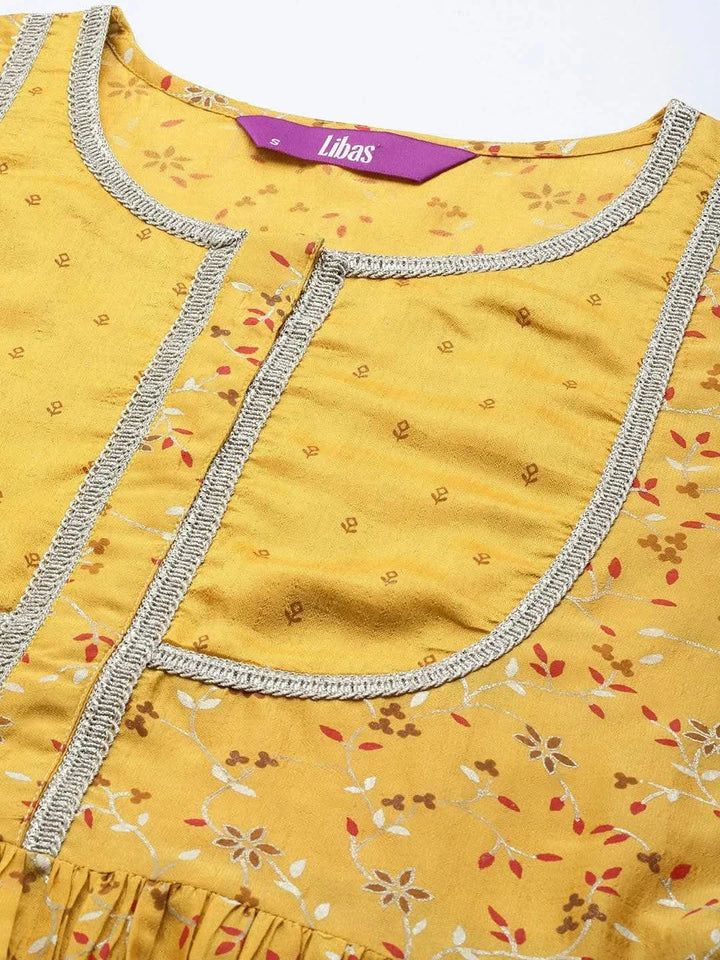 Mustard Printed Silk Blend Suit Set With Palazzos - Libas