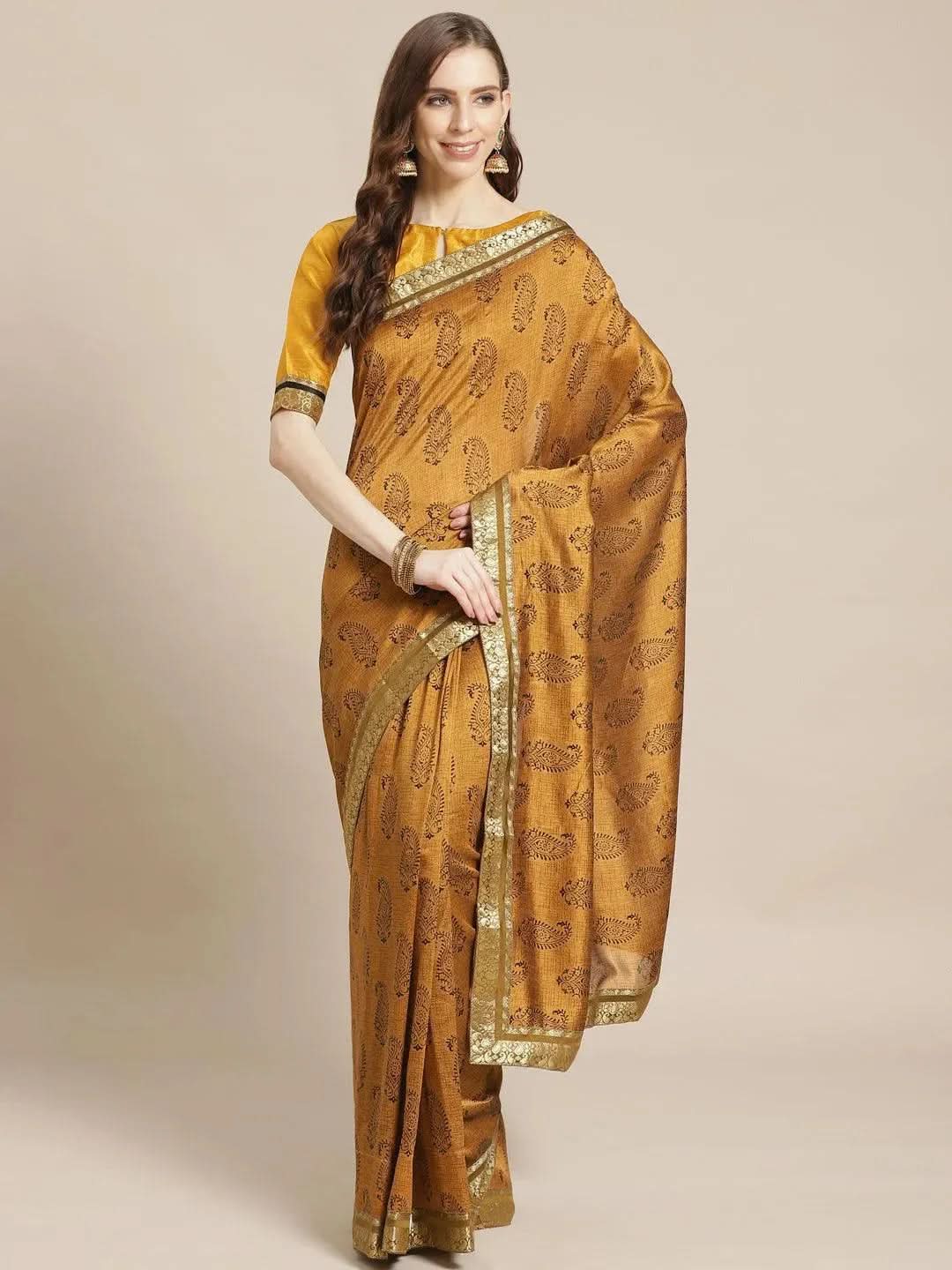 Mustard Printed Silk Blend Saree - Libas