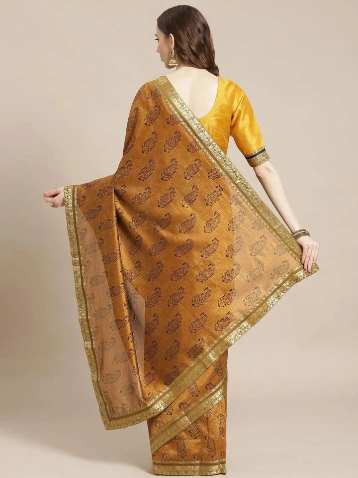 Mustard Printed Silk Blend Saree - Libas