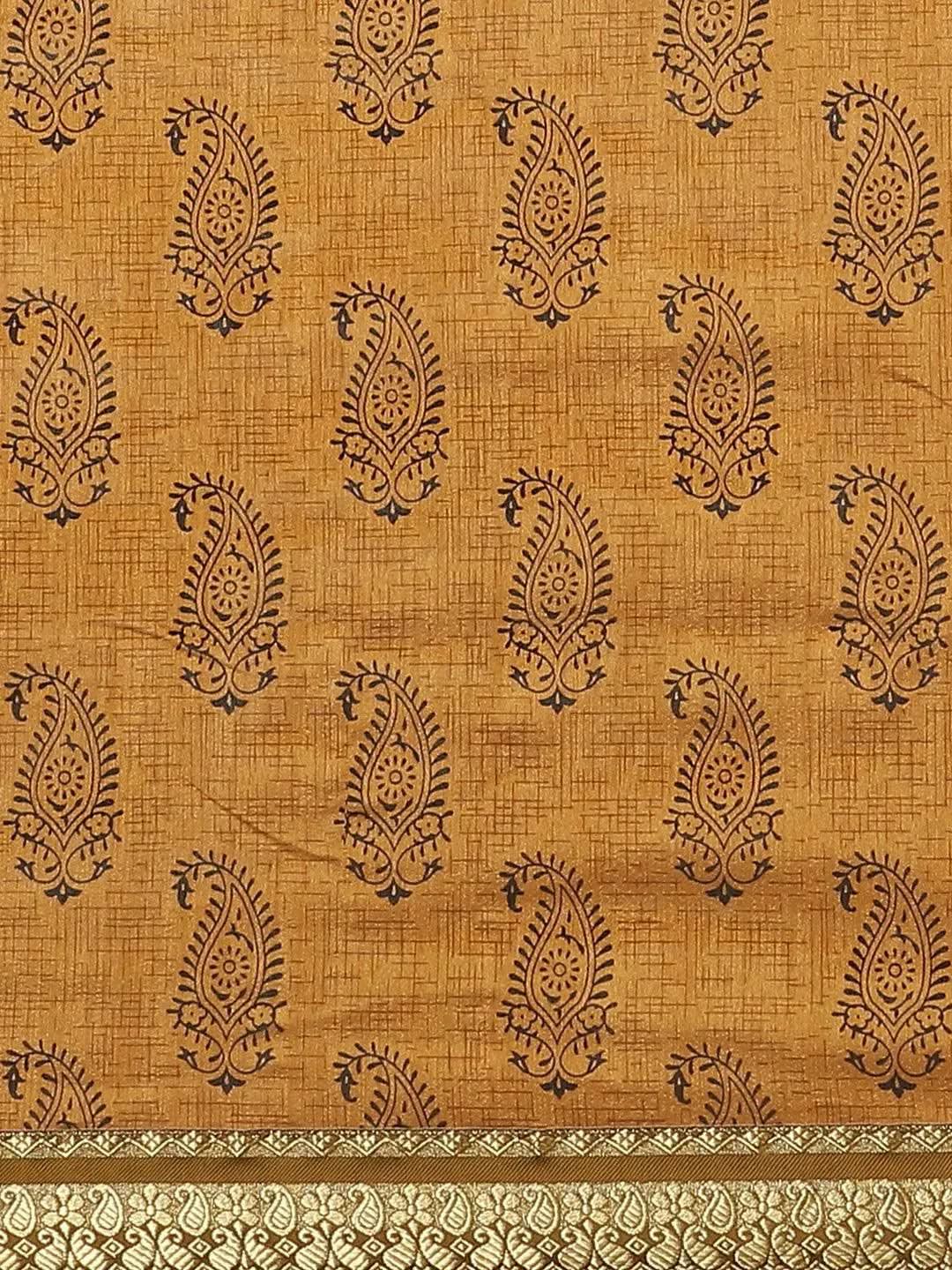 Mustard Printed Silk Blend Saree - Libas