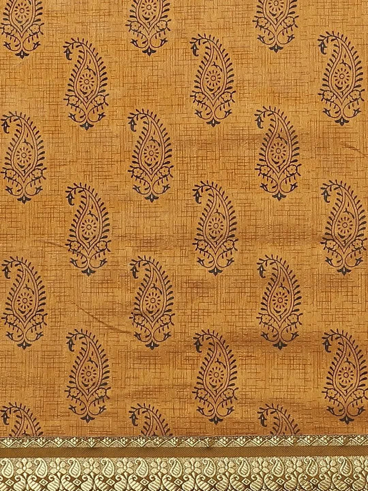 Mustard Printed Silk Blend Saree - Libas