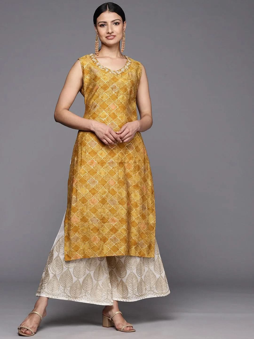 Mustard Printed Silk Straight Kurta - Libas