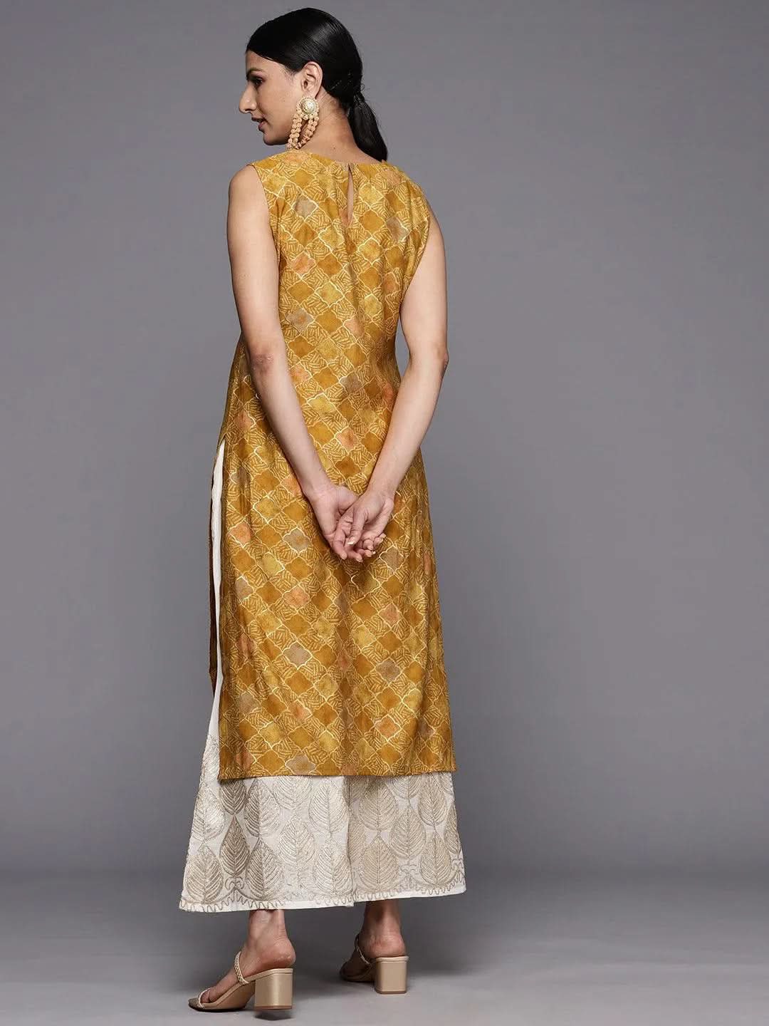 Mustard Printed Silk Straight Kurta - Libas