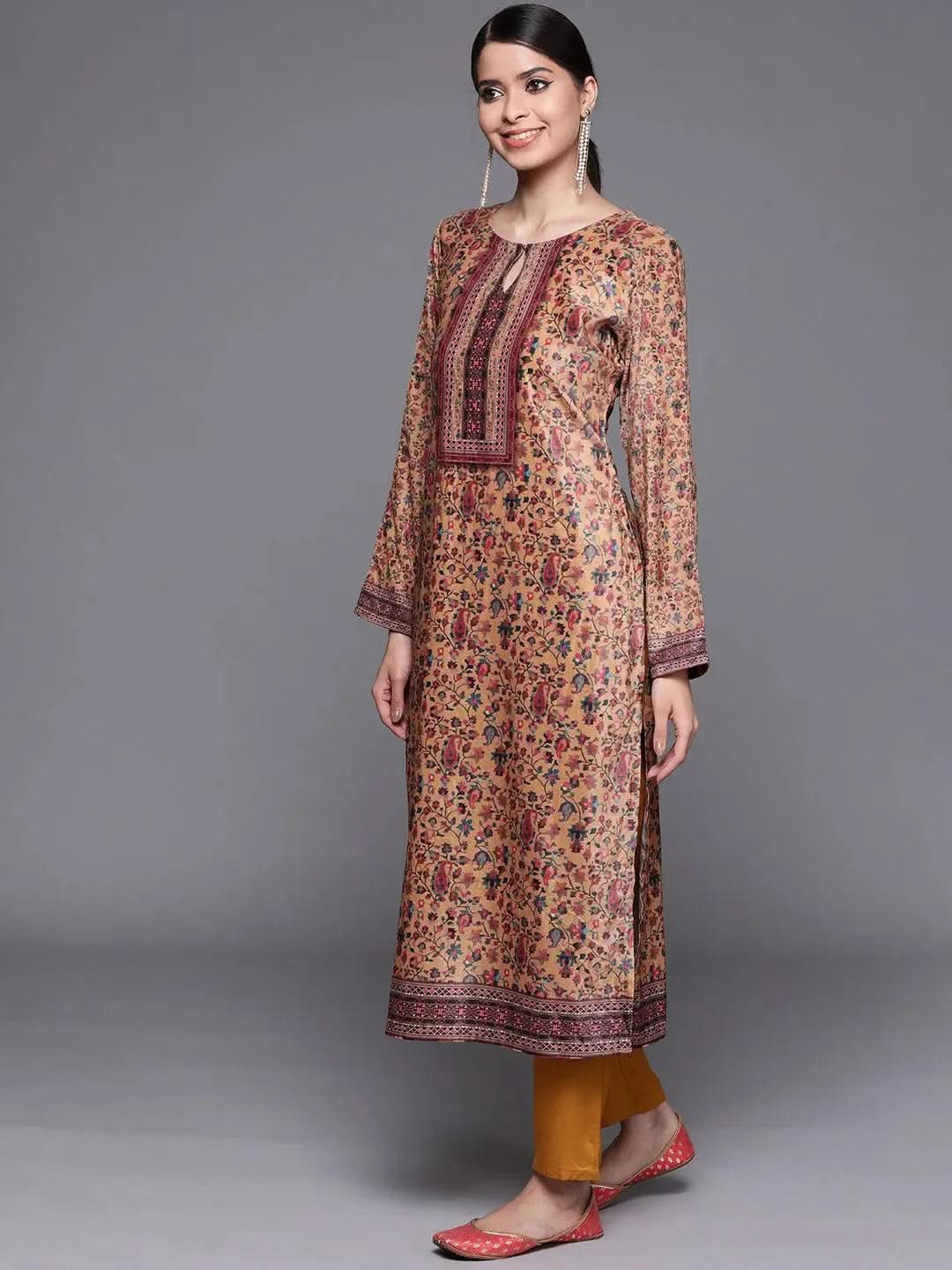 Mustard Printed Velvet Suit Set - Libas