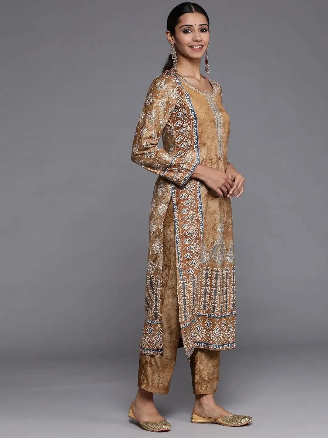 Mustard Printed Velvet Straight Suit Set With Trousers - Libas
