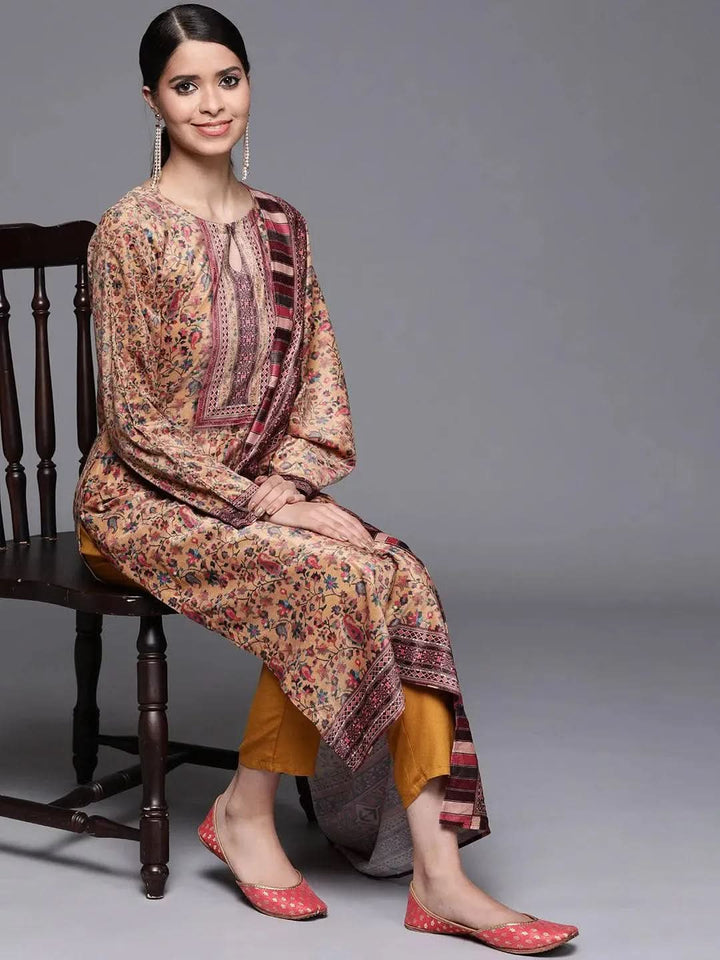 Mustard Printed Velvet Suit Set - Libas