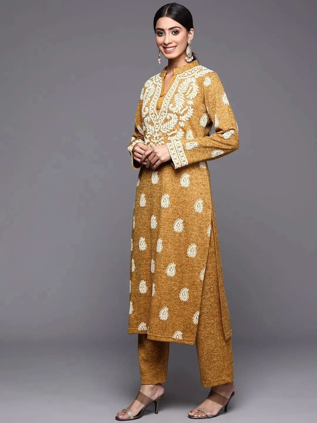 Mustard Printed Wool Straight Suit Set - Libas