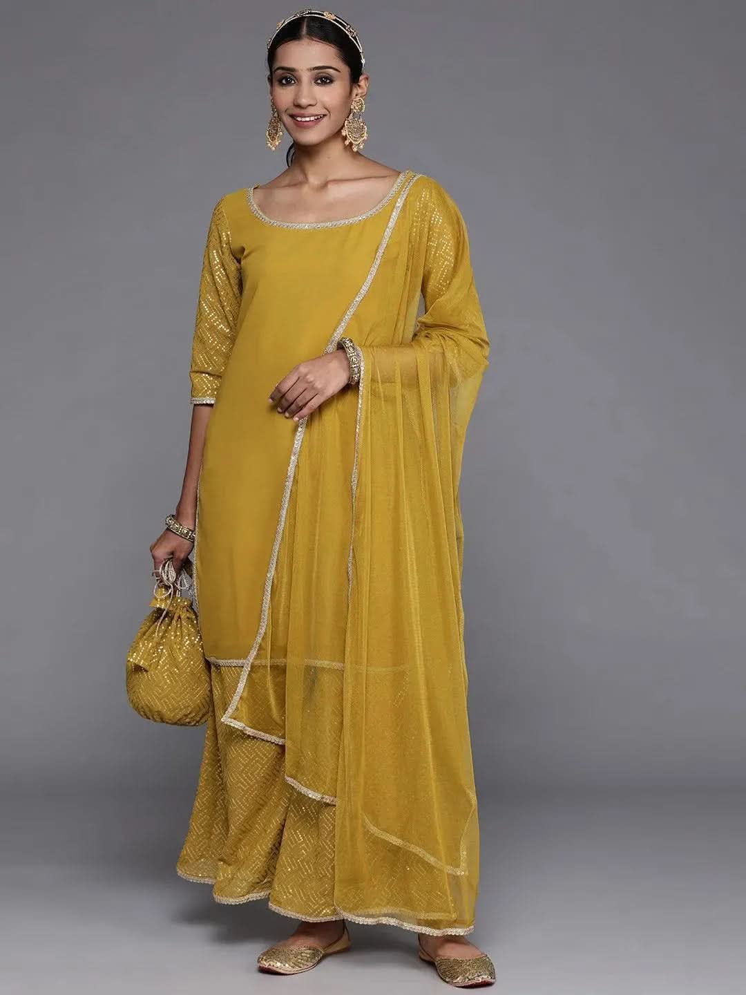 Mustard Solid Georgette Straight Kurta With Palazzos & Dupatta
Mustard Solid Georgette Straight Kurta With Palazzos & Dupatta