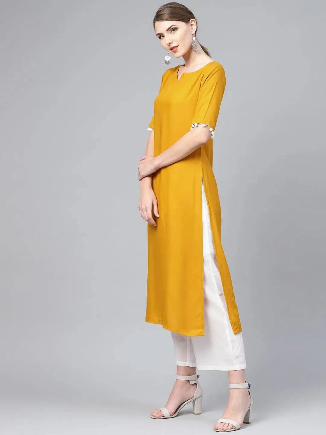 Mustard Solid Rayon Straight Kurta With Palazzos & Dupatta
Mustard Solid Rayon Straight Kurta With Palazzos & Dupatta