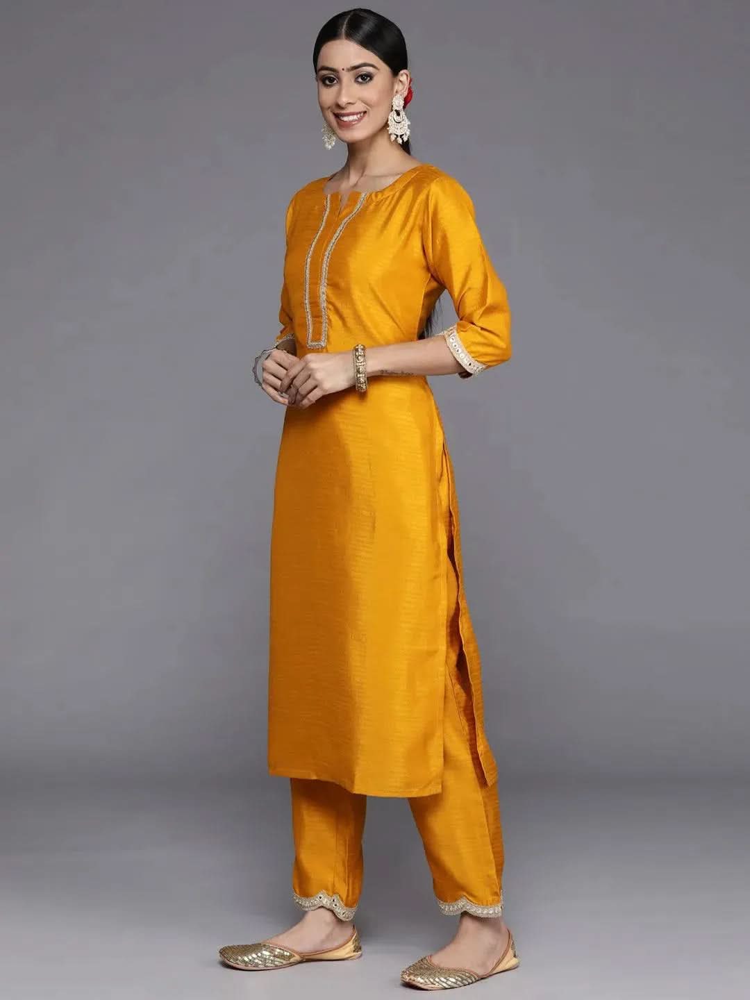 Mustard Solid Silk Blend Straight Suit Set With Trousers - Libas