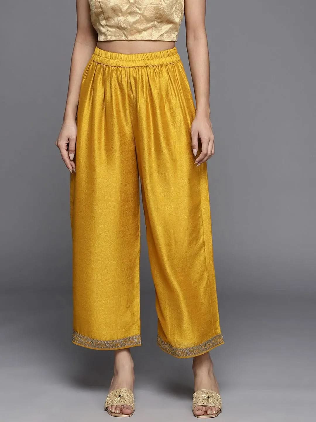 Mustard Solid Silk Palazzos - Libas