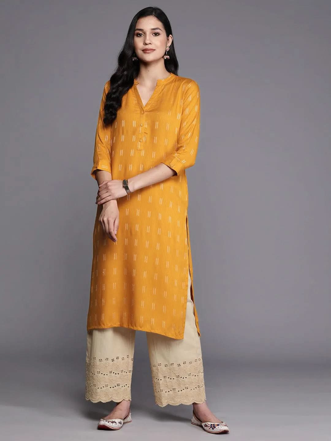 Mustard Woven Design Rayon Straight Kurta 
Mustard Woven Design Rayon Straight Kurta