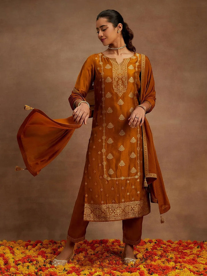 Mustard Woven Design Silk Blend Straight Kurta With Trousers & Dupatta - Libas