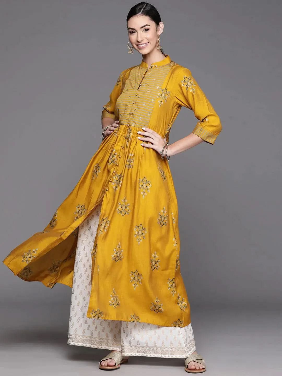 Mustard Yoke Design Chanderi Silk Kurta - Libas