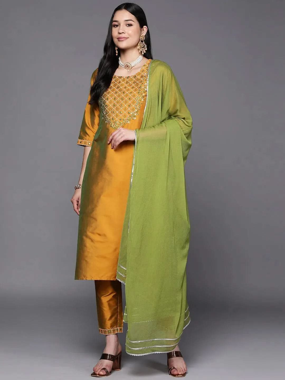 Mustard Yoke Design Silk Blend Suit Set With Trousers - Libas