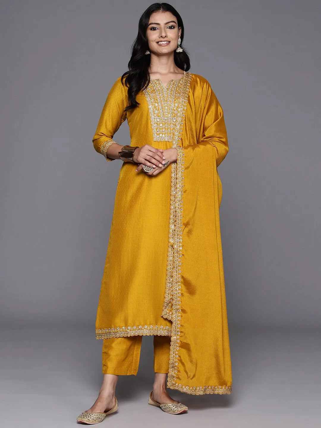 Mustard Yoke Design Silk Blend Straight Kurta With Palazzos & Dupatta - Libas